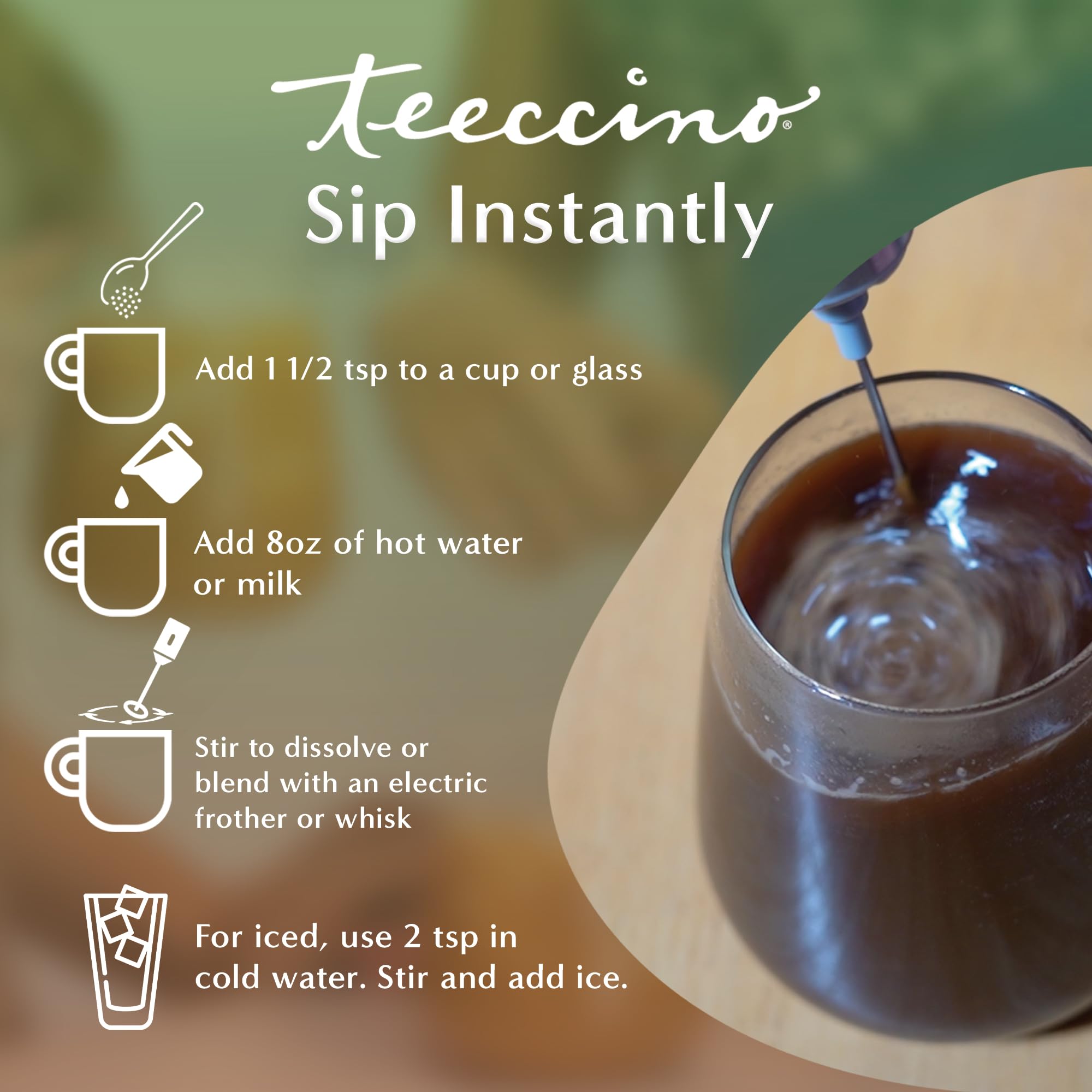 Teeccino packaging highlights organic herbal instant coffee alternative benefits.