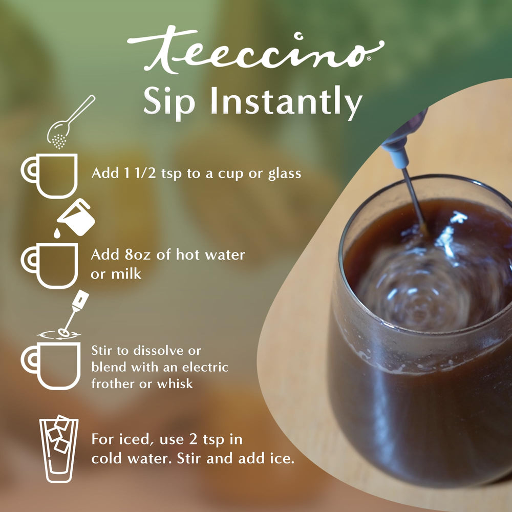 Teeccino packaging highlights organic herbal instant coffee alternative benefits.