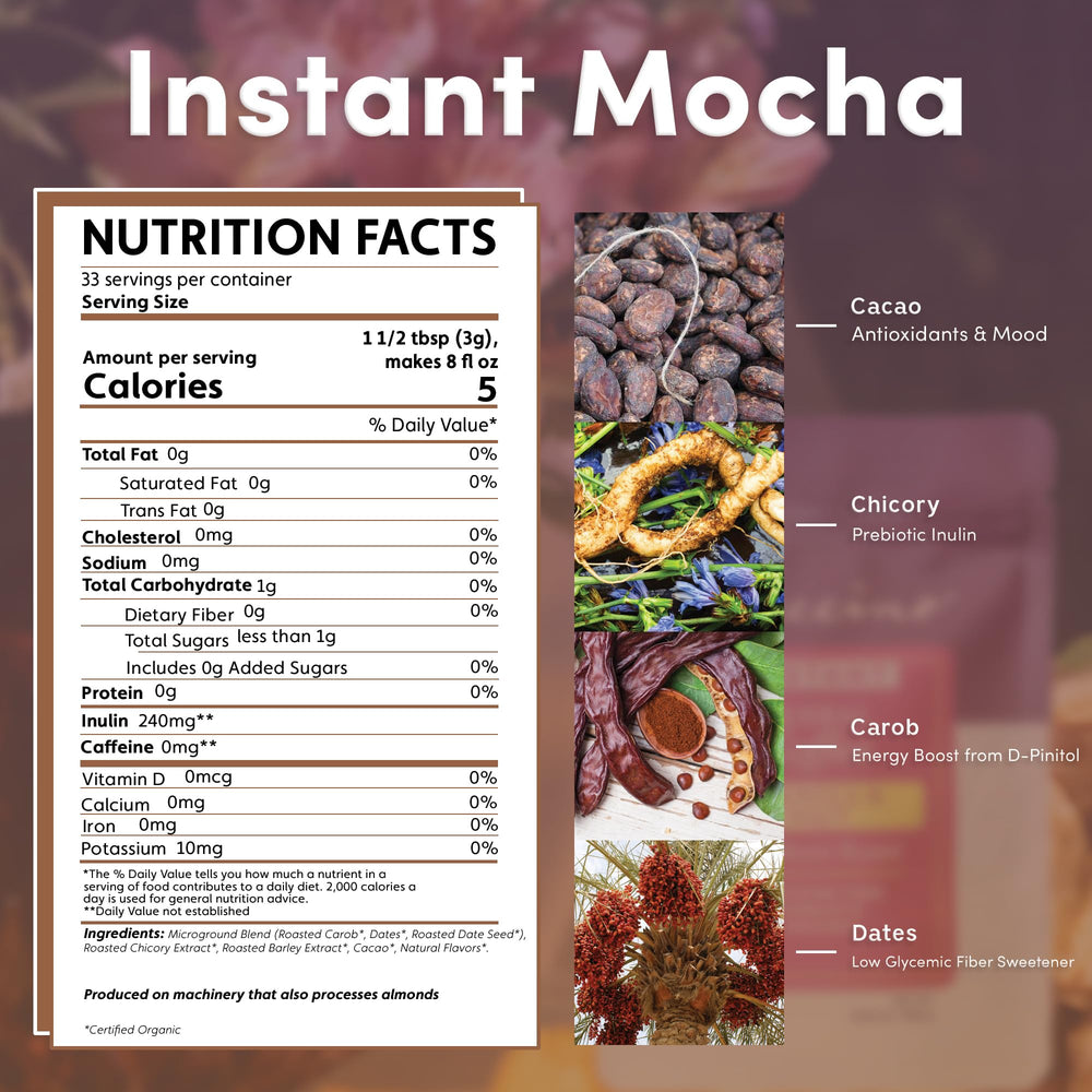 Teeccino Instant Organic Mocha cup with rich flavor, no caffeine for evening enjoyment