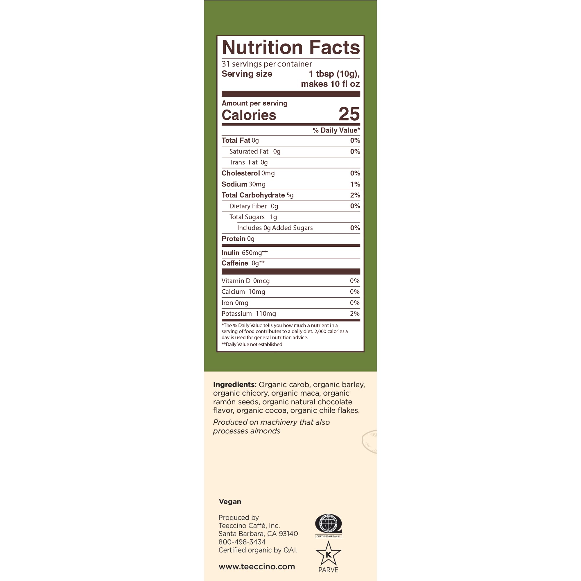 Teeccino inulin prebiotic chicory coffee image highlights gut-friendly fiber per cup.