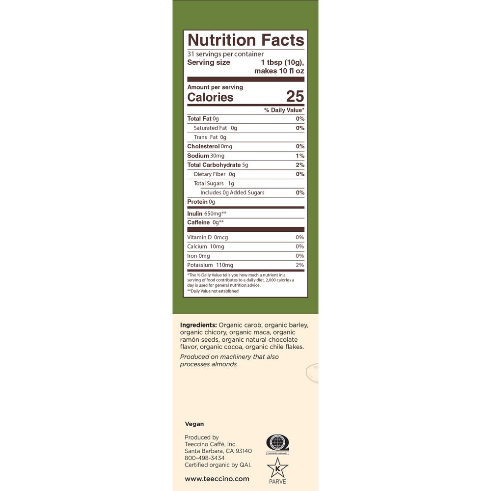 Teeccino inulin prebiotic chicory coffee image highlights gut-friendly fiber per cup.