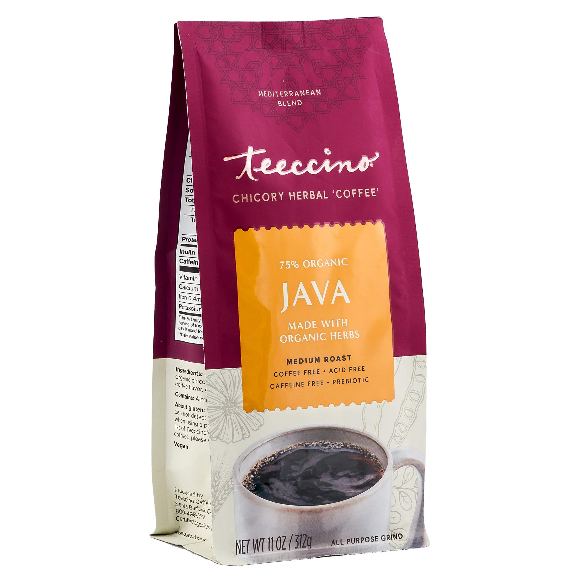 Teeccino Java Chicory coffee alternative canister with a rich, caffeine-free blend.