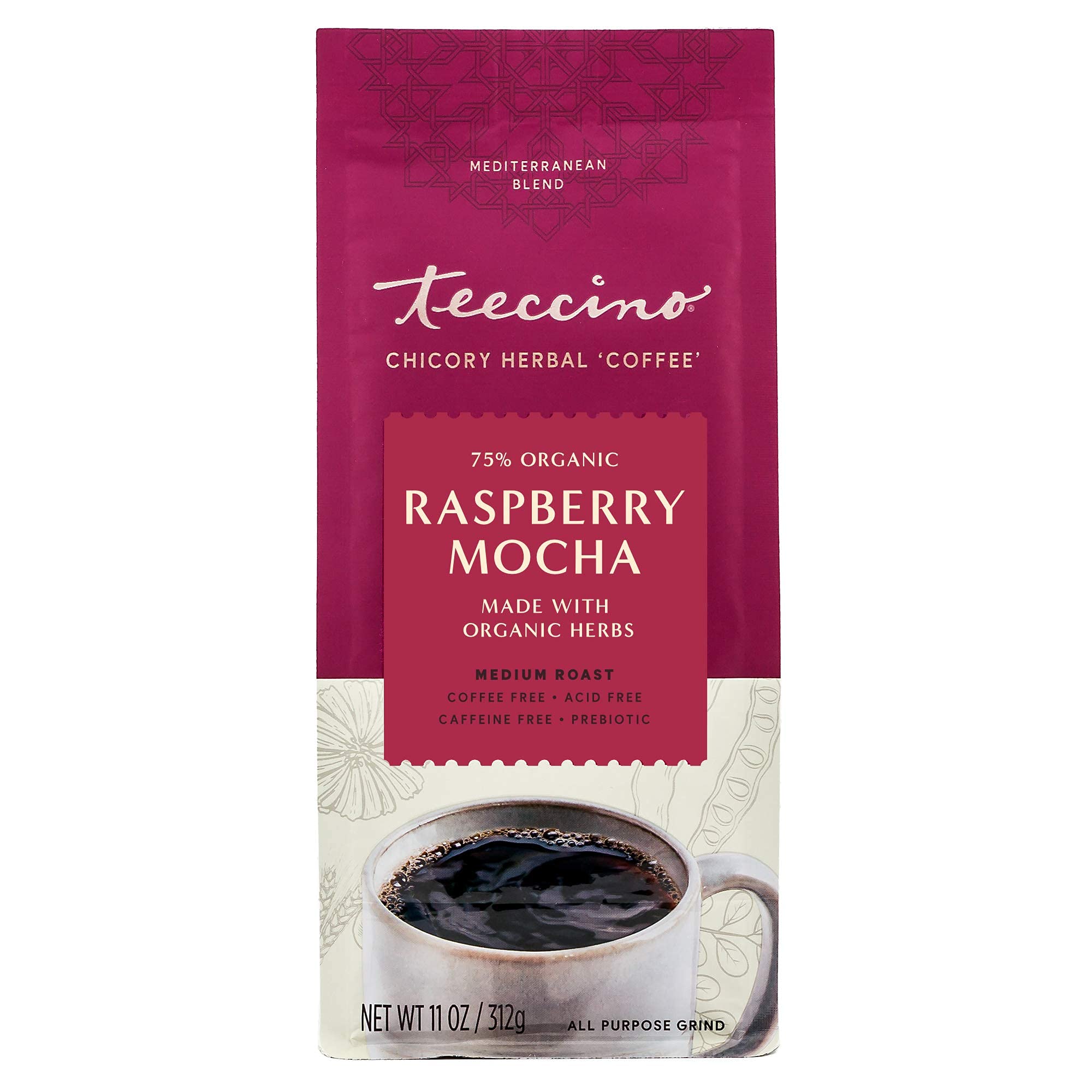 Teeccino label shows non-GMO, organic ingredients and prebiotic chicory root.