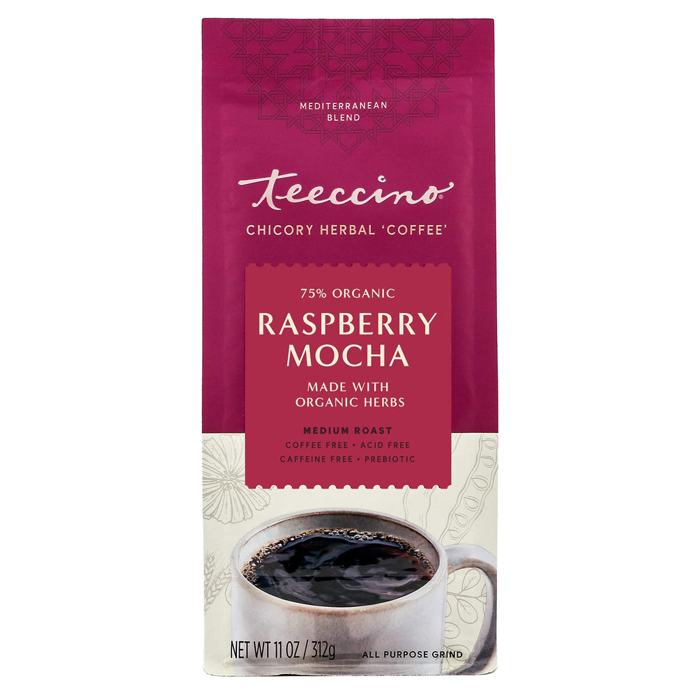 Teeccino label shows non-GMO, organic ingredients and prebiotic chicory root.