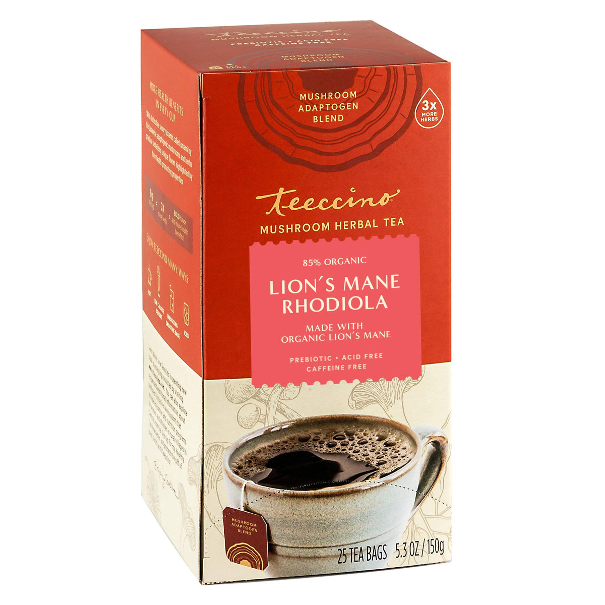 Teeccino Lions Mane Rhodiola tea bag closeup for focus and balance.