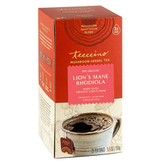 Teeccino Lions Mane Rhodiola tea bag closeup for focus and balance.