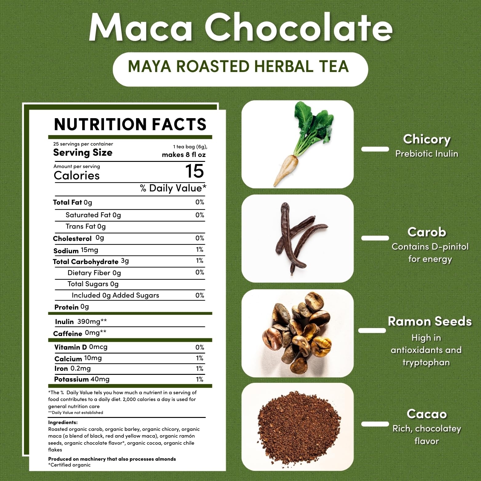 Hot cup of Teeccino Maca Chocolaté with rich chocolate and maca notes.