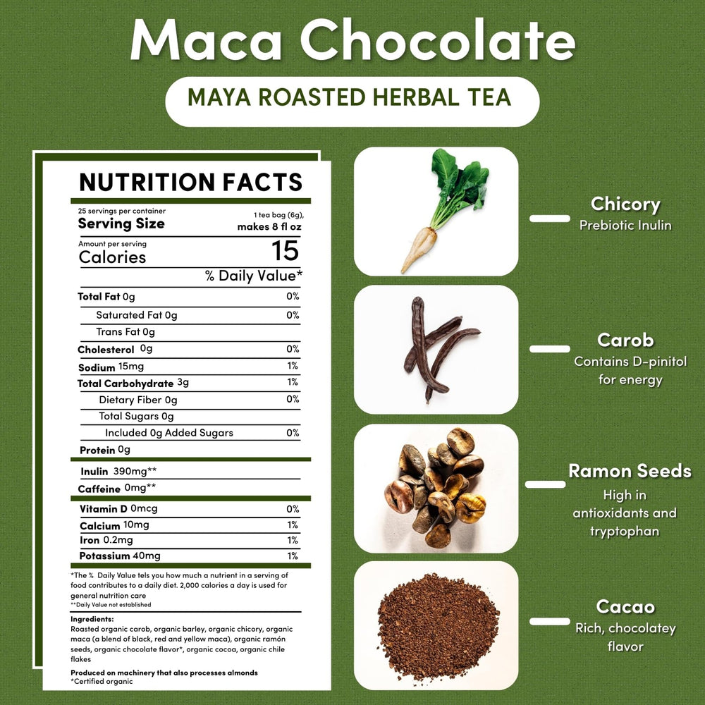 Hot cup of Teeccino Maca Chocolaté with rich chocolate and maca notes.