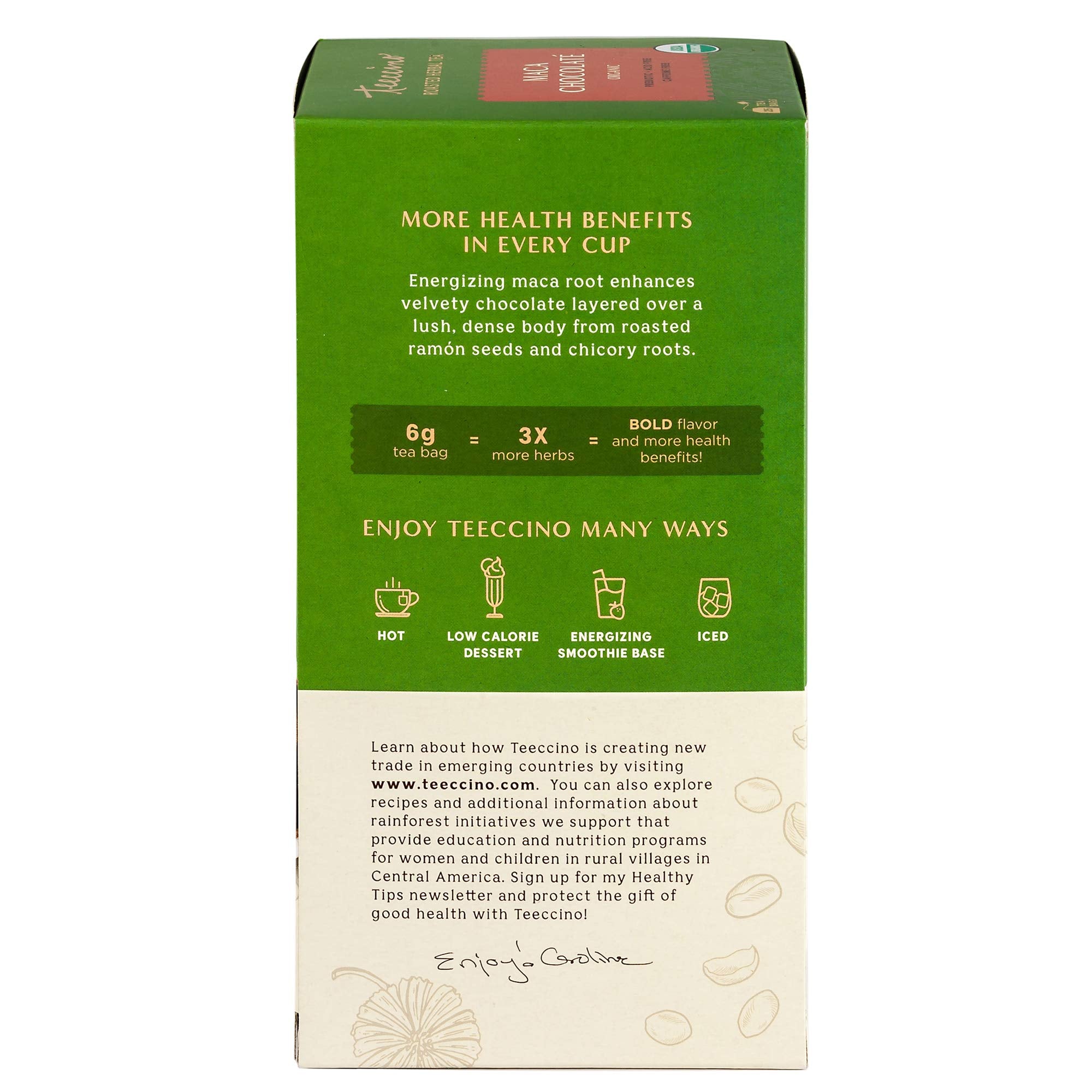Iced Teeccino Maca Chocolaté in a glass, refreshing caffeine-free option.