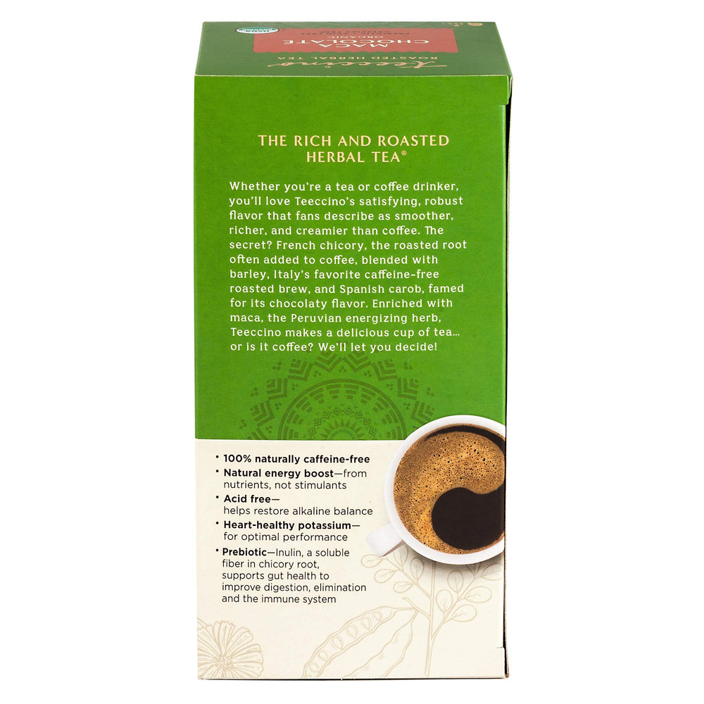 Teeccino Maca Chocolaté packaging highlighting cacao, maca, and prebiotics.