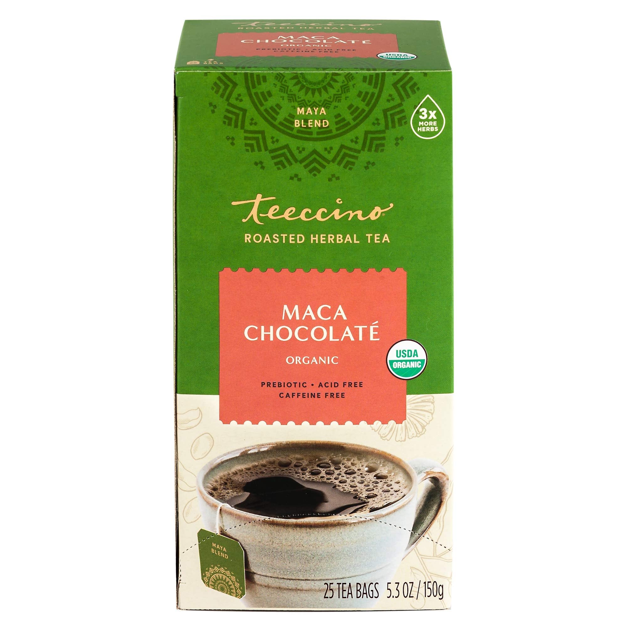 Steam rising from Teeccino Maca Chocolaté, a comforting chocolate-maca ritual.