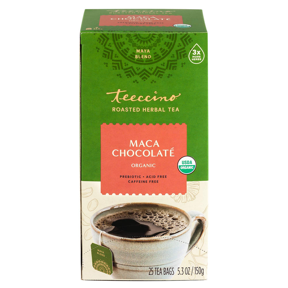 Steam rising from Teeccino Maca Chocolaté, a comforting chocolate-maca ritual.