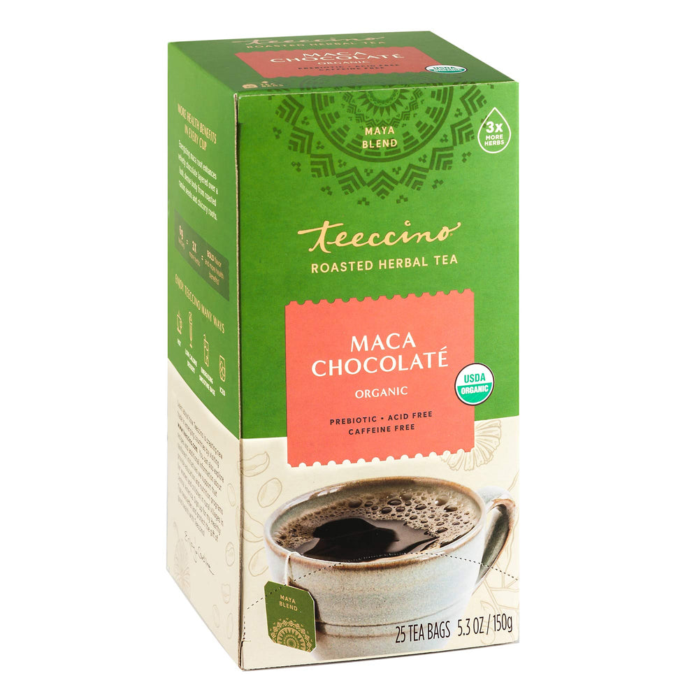 Teeccino Maca Chocolaté tea bag ready for steeping, caffeine-free energy.