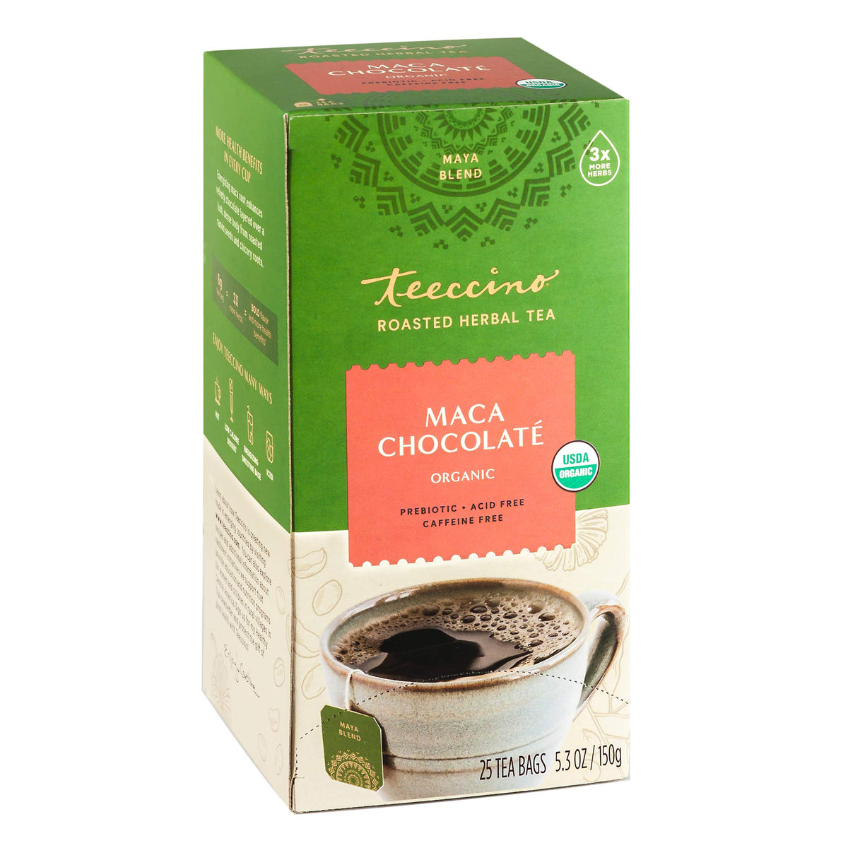 Teeccino Maca Chocolaté tea bag ready for steeping, caffeine-free energy.