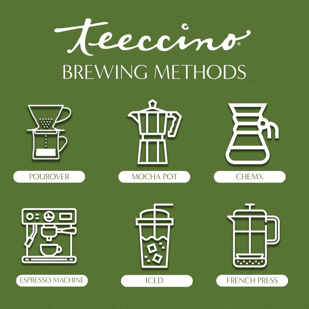 Teeccino maca root chicory coffee image emphasizes prebiotic blend and natural energy.