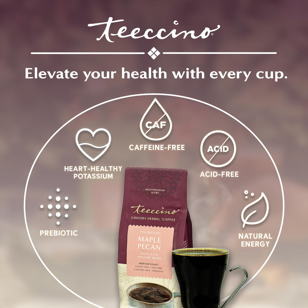 Teeccino Maple Pecan chicory product can on shelf, medium roast.