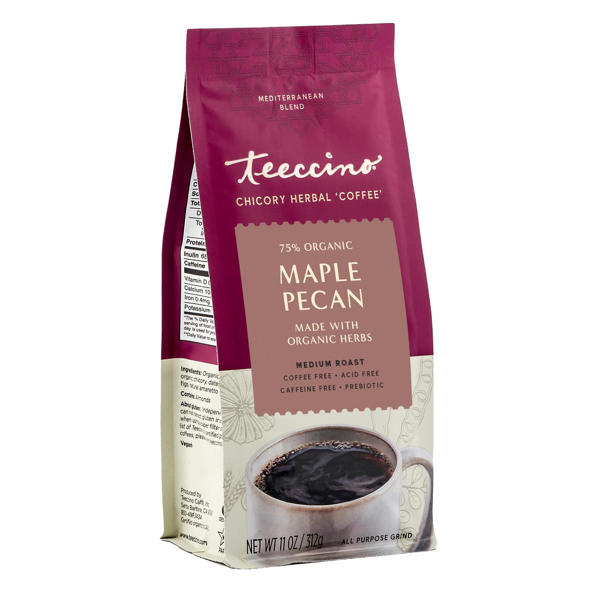Teeccino Maple Pecan chicory ground coffee close-up, caffeine-free and richly aromatic.