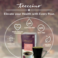 Teeccino Maple Pecan Tea canister with 25 count packaging visible.