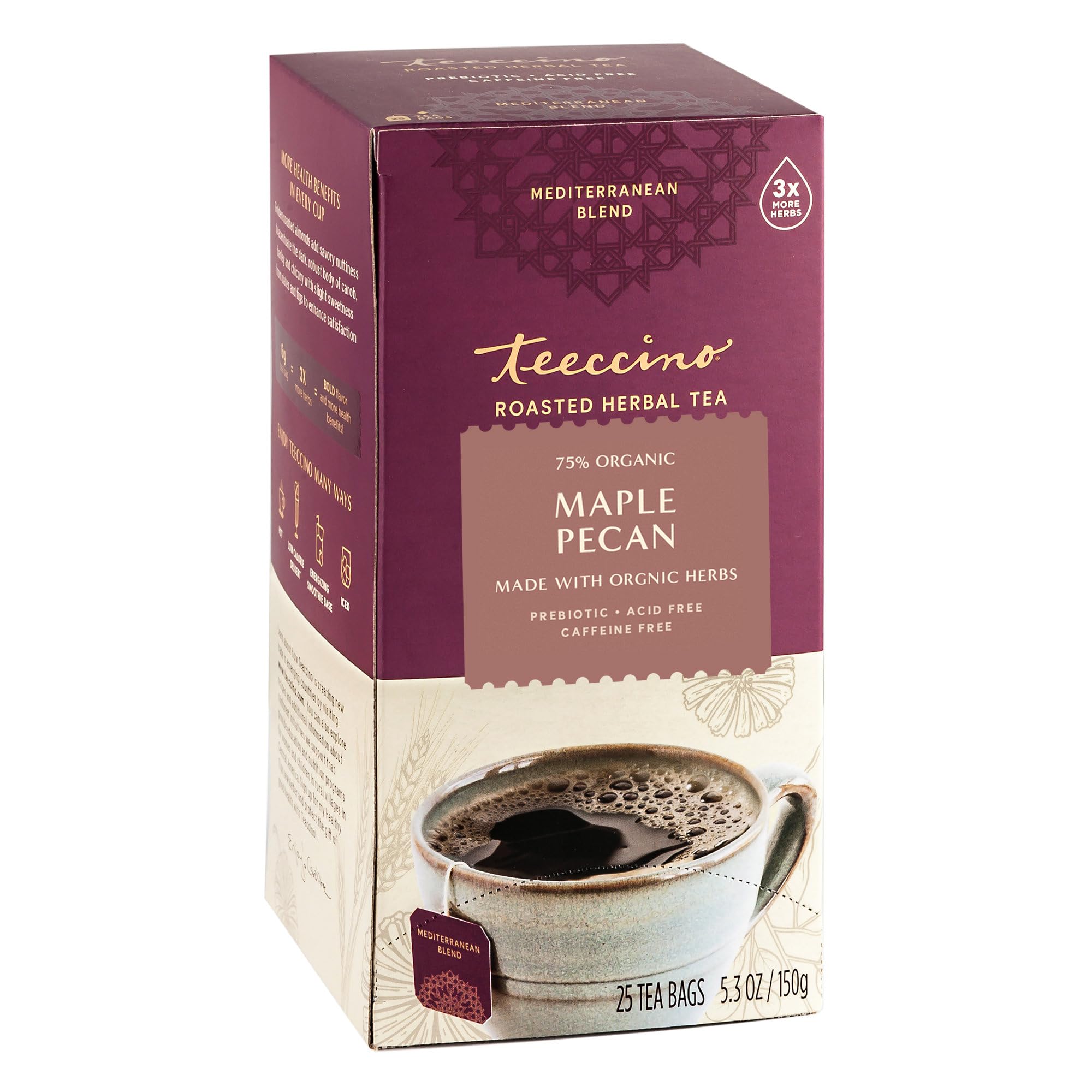 Teeccino Maple Pecan Tea cup shows warm aroma and caffeine-free comfort.