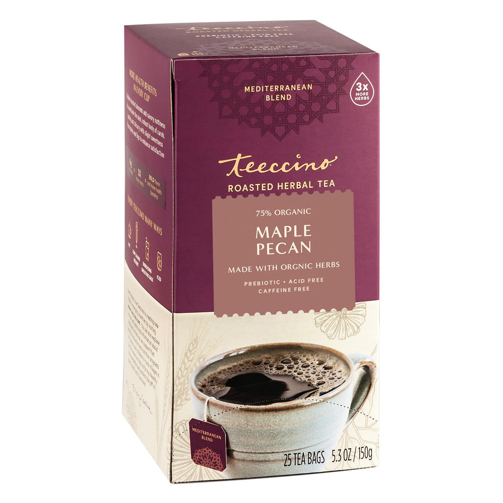 Teeccino Maple Pecan Tea cup shows warm aroma and caffeine-free comfort.