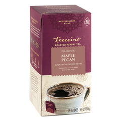 Teeccino Maple Pecan Tea cup shows warm aroma and caffeine-free comfort.