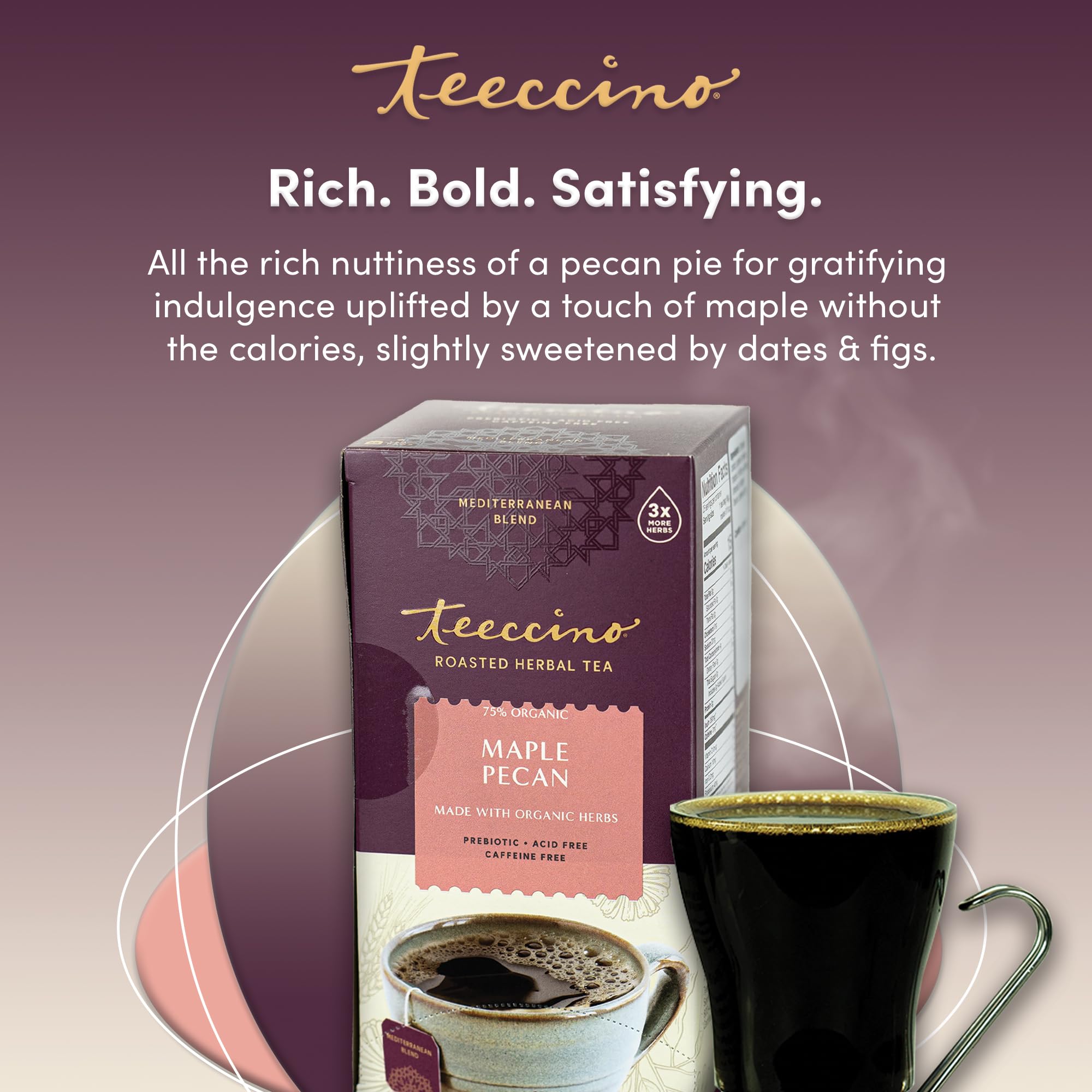 Teeccino Maple Pecan Tea latte in cup demonstrates creamy dairy-free option.