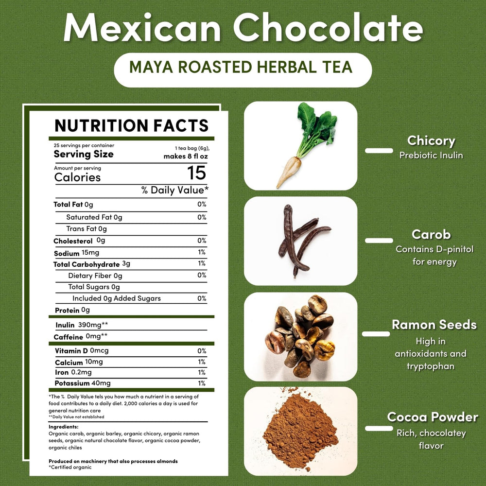 Teeccino Mexican Chocolate cup steam conveys a warm, comforting hot or iced beverage.