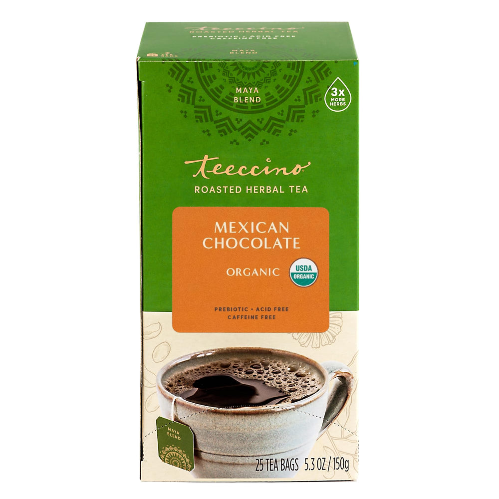 Teeccino Mexican Chocolate iced tea setup suggests refreshing cold option for warm days.