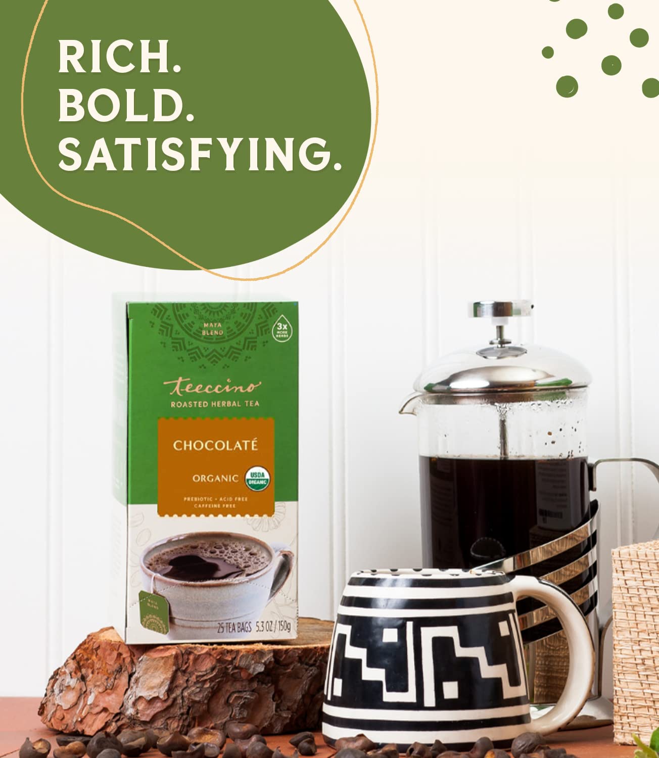 Teeccino Mexican Chocolate latte or cappuccino shows dairy-free, creamy enjoyment.
