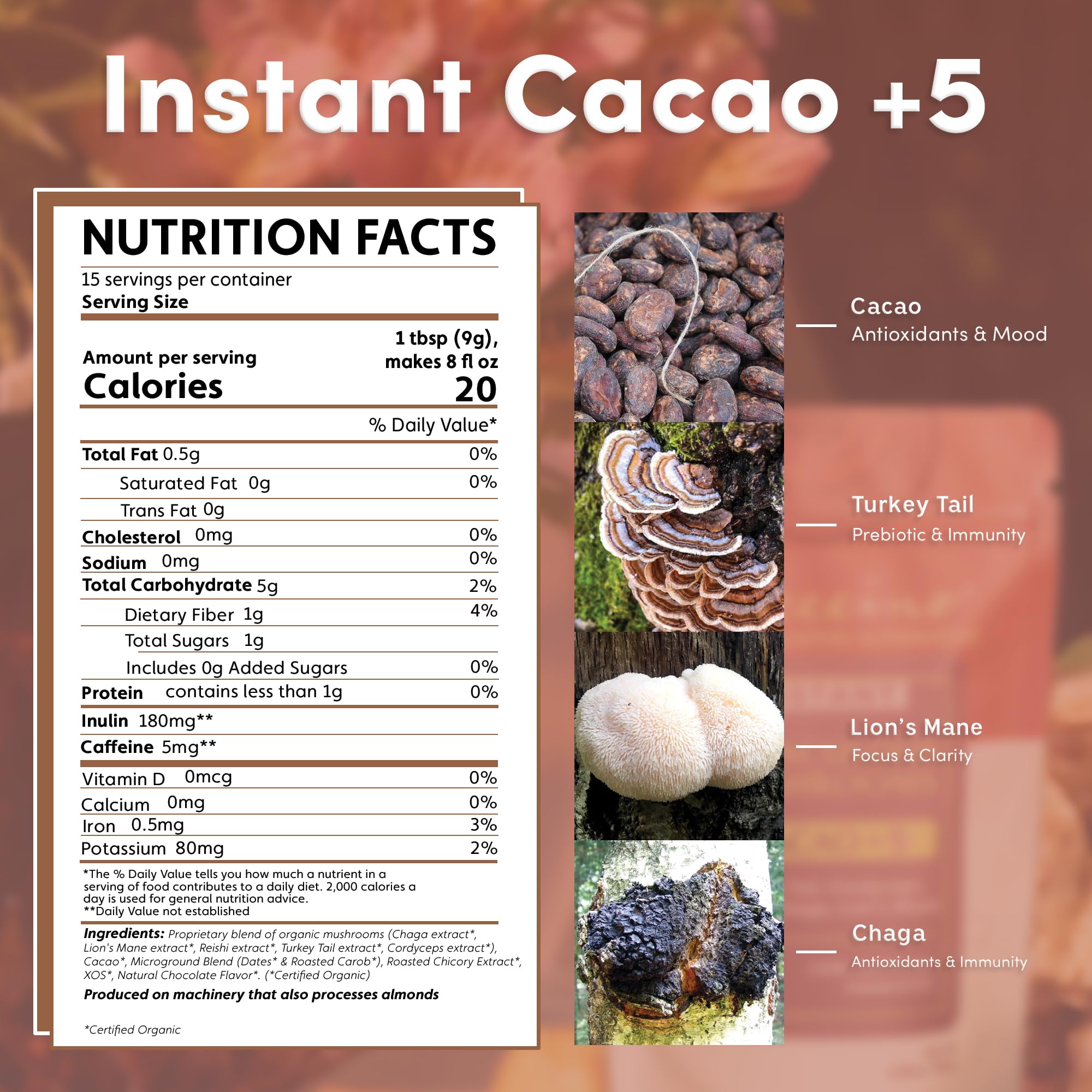 Close-up of Teeccino Miraculous Mushrooms Instant Cacao powder with organic cacao and mushroom blend