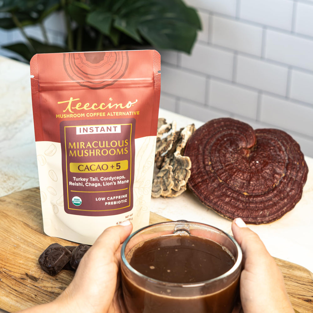 Label of Teeccino Miraculous Mushrooms Instant Cacao showing ingredients