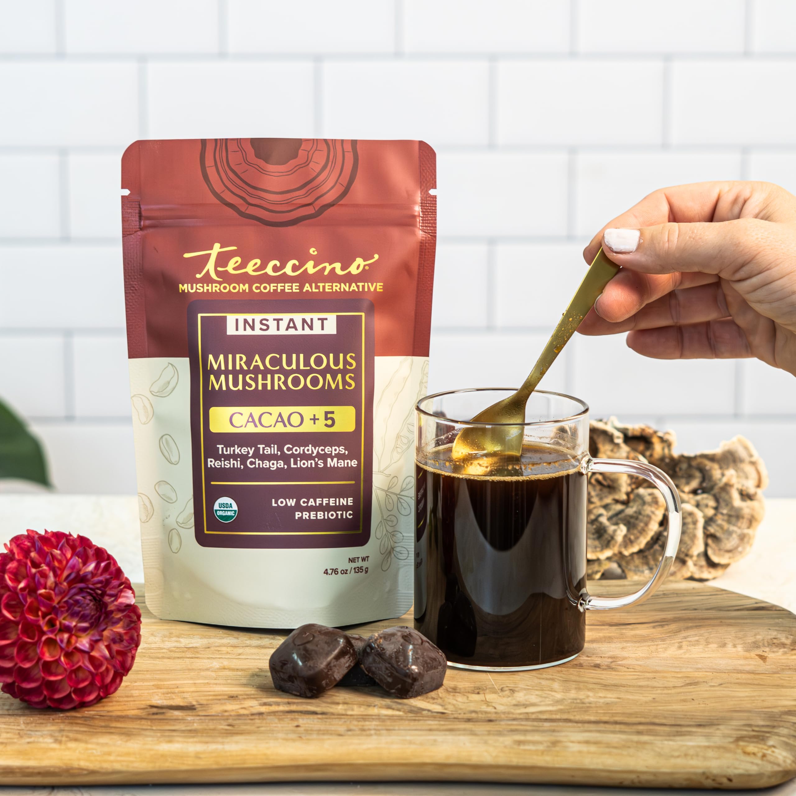 Close-up of Teeccino Miraculous Mushrooms Instant Cacao mushroom extracts