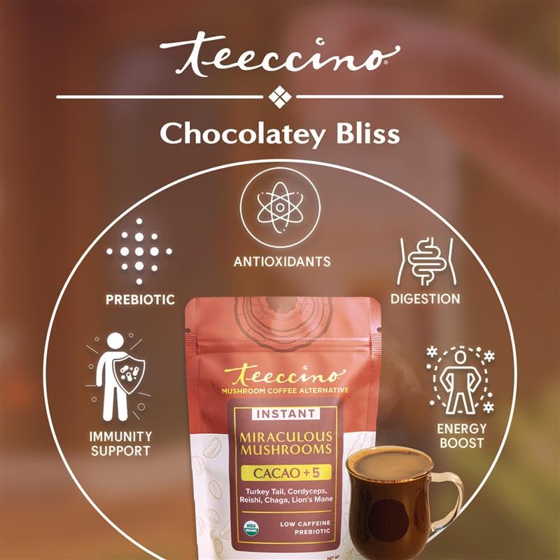 Packaging of Teeccino Miraculous Mushrooms Instant Cacao highlighting organic sourcing