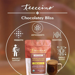 Packaging of Teeccino Miraculous Mushrooms Instant Cacao highlighting organic sourcing