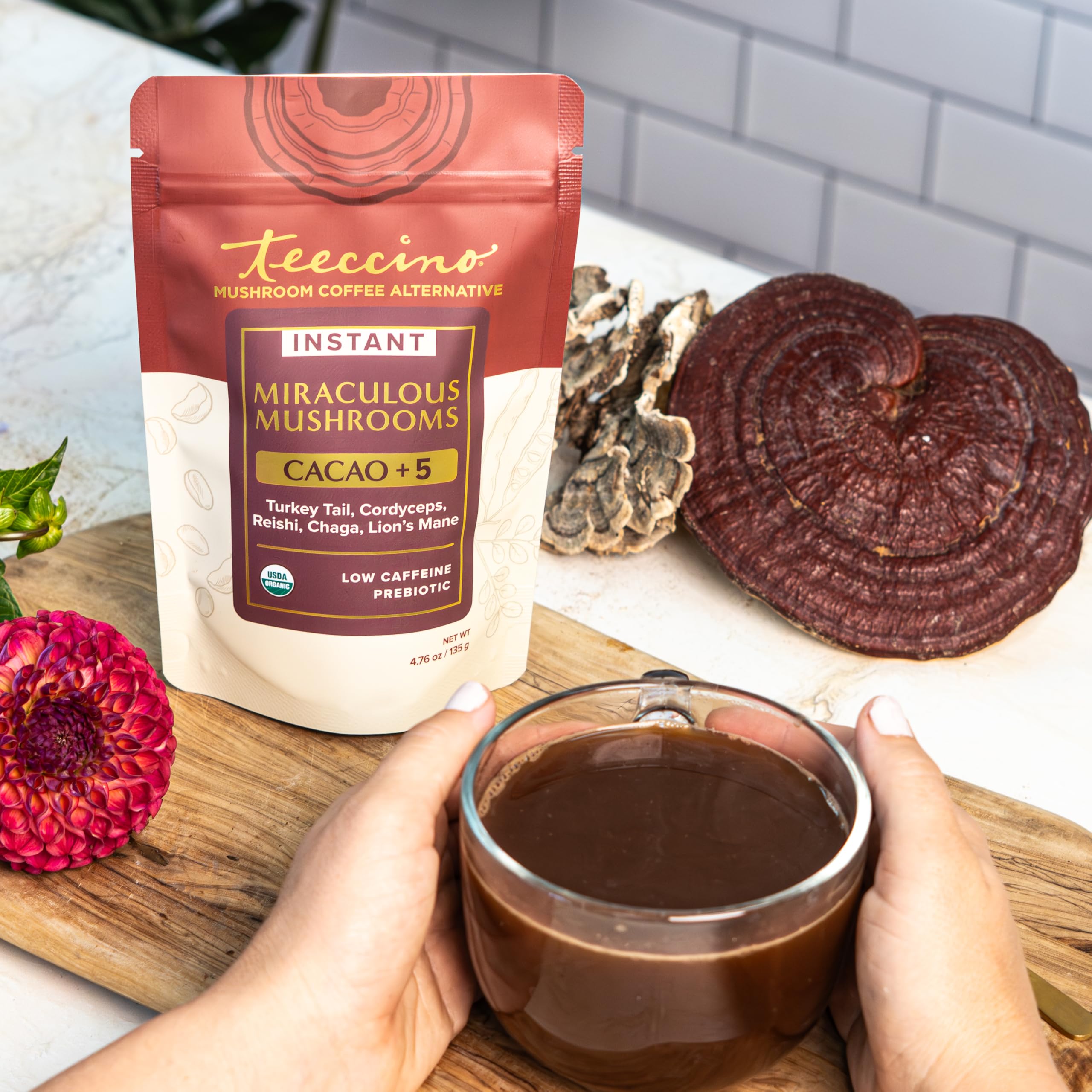Ready-to-serve cup of Teeccino Miraculous Mushrooms Instant Cacao