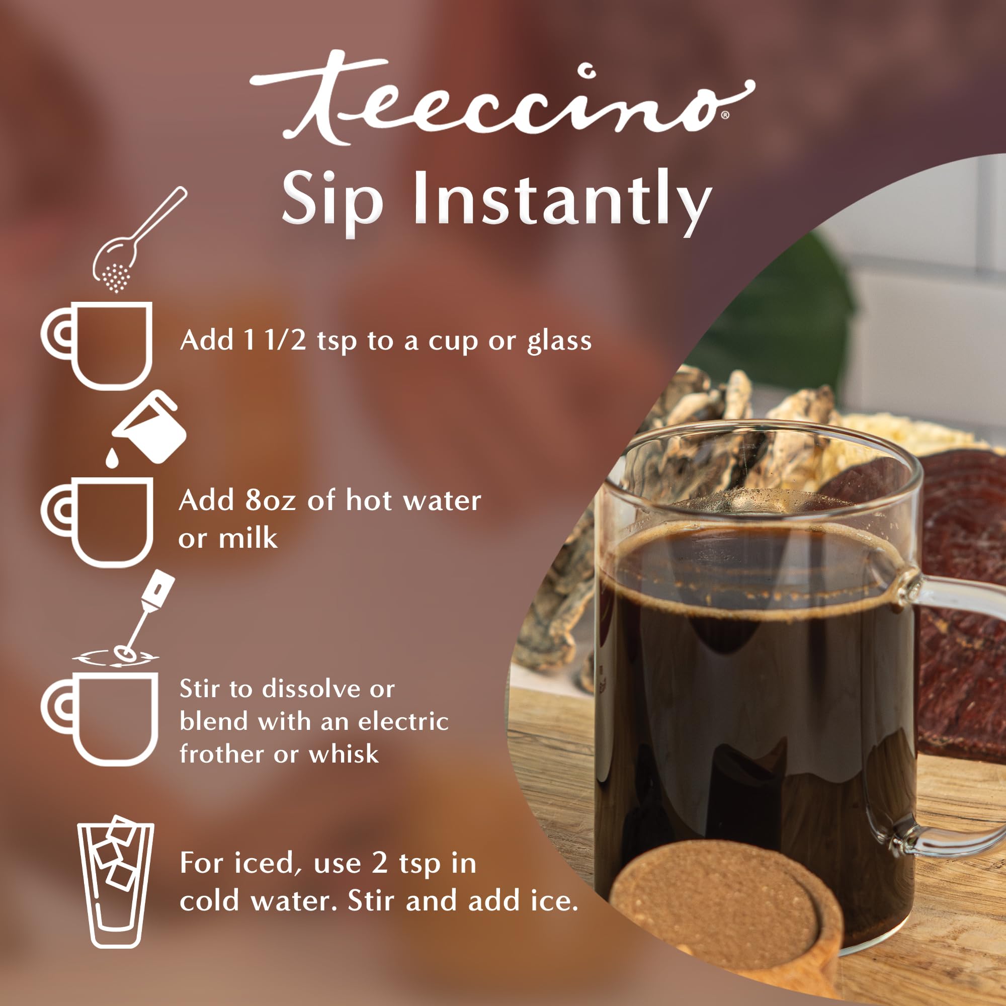 Measuring spoon with Teeccino Miraculous Mushrooms Instant Cacao powder for easy serving