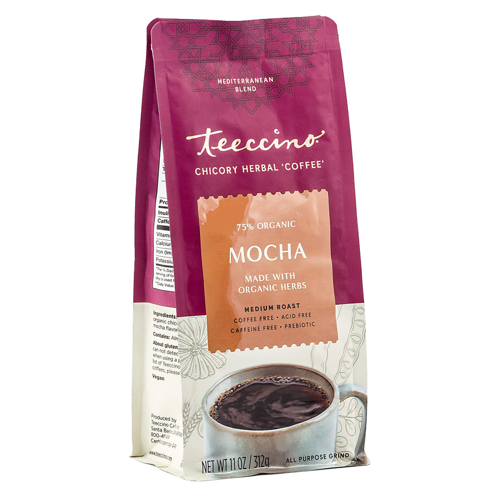 Teeccino Mocha Chicory coffee alternative bottle pour, rich aroma and caffeine-free ritual