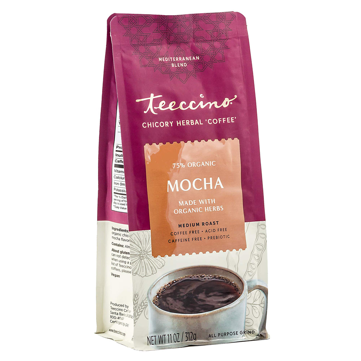 Teeccino Mocha Chicory coffee alternative bottle pour, rich aroma and caffeine-free ritual