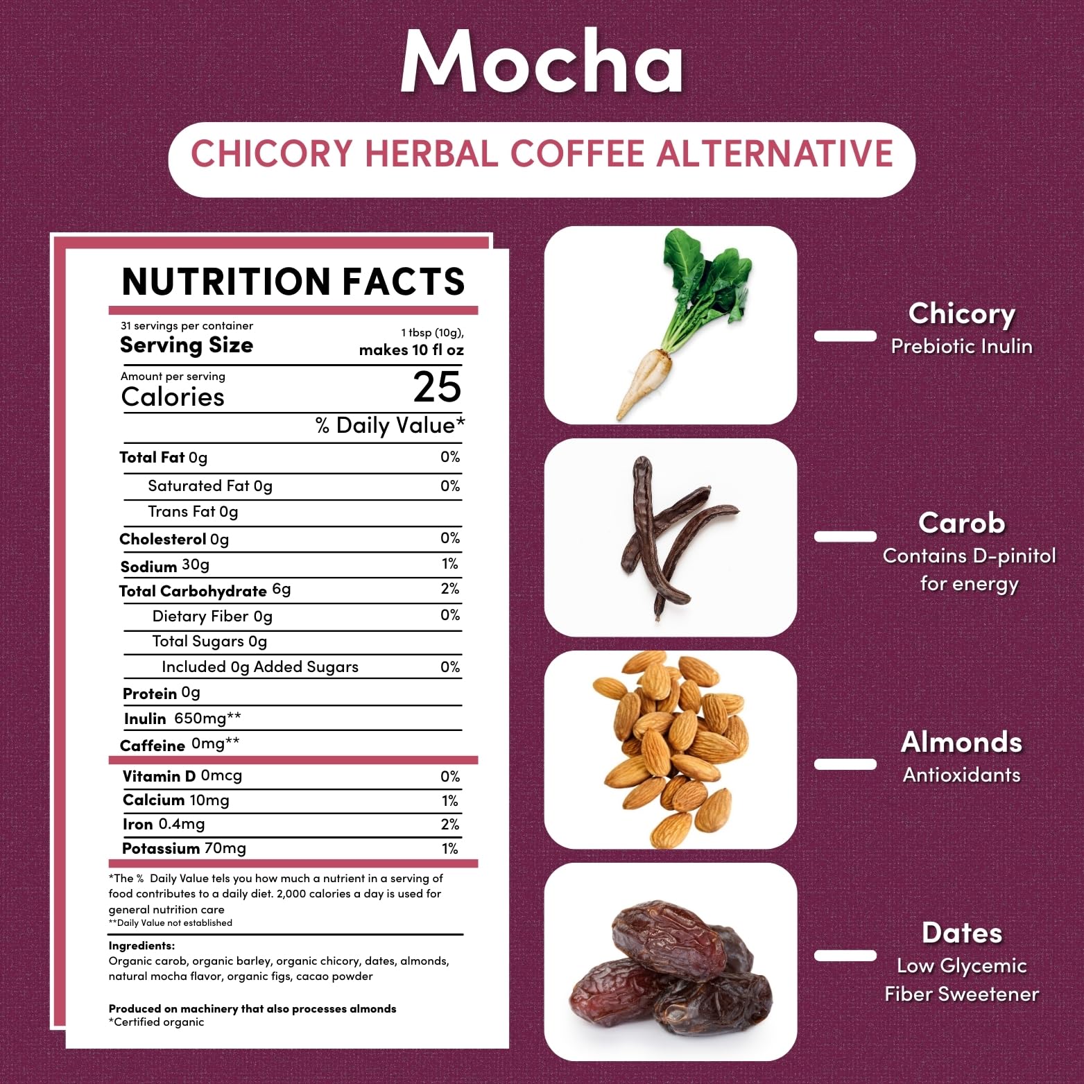 Teeccino Mocha Chicory cup with steam, a smooth, low-acid brew