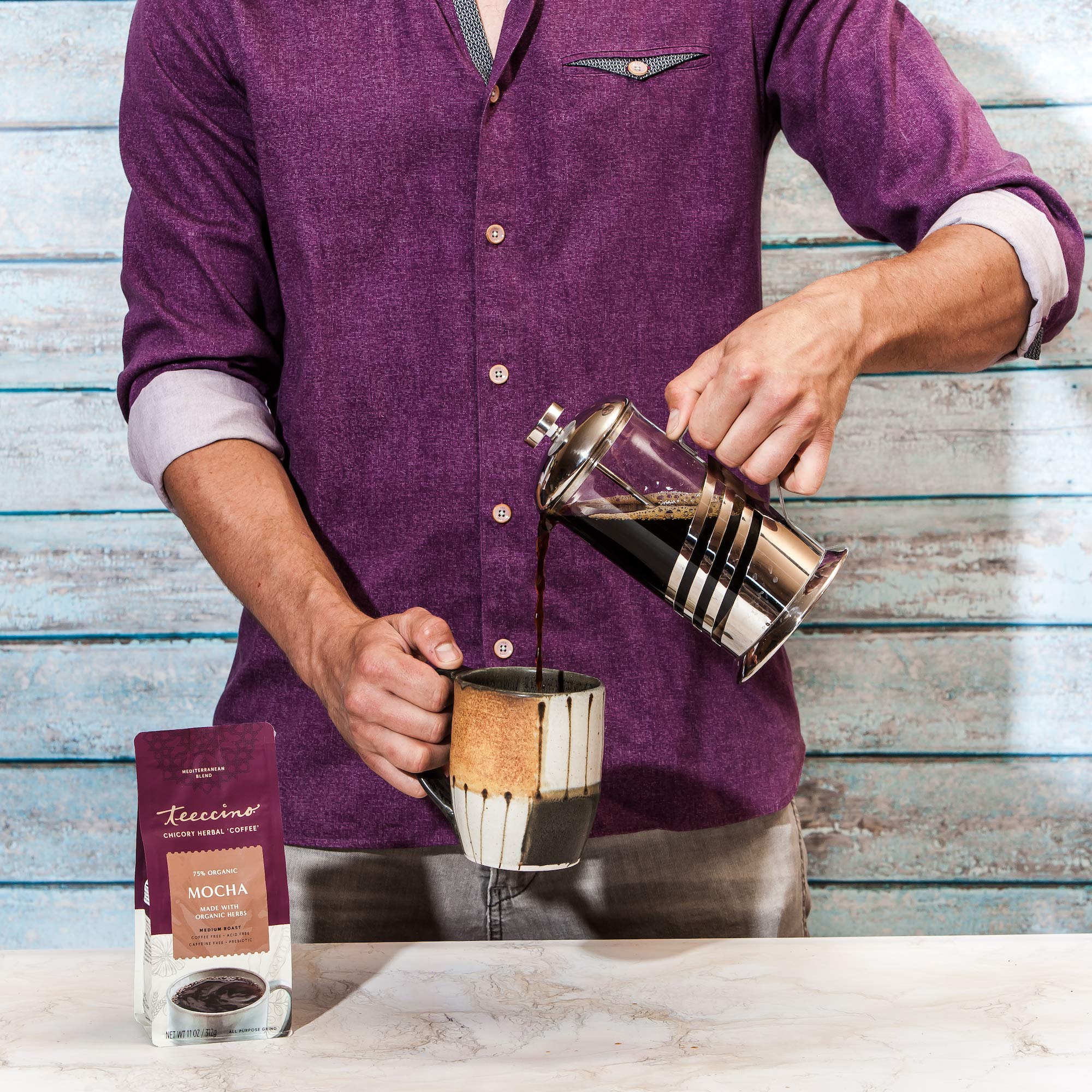 Teeccino dairy-free latte-ready cup shows creamy foam