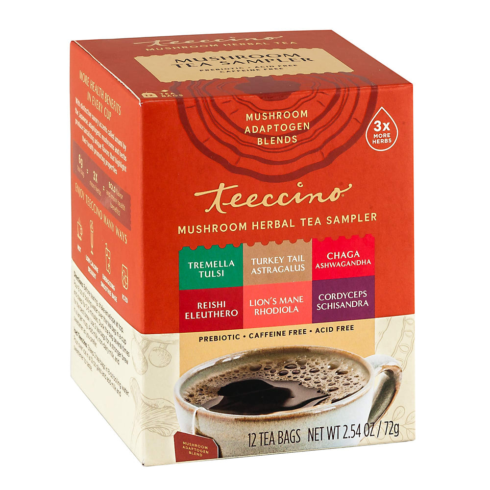 Teeccino mushroom tea sampler packshot features six blends for daily resilience.