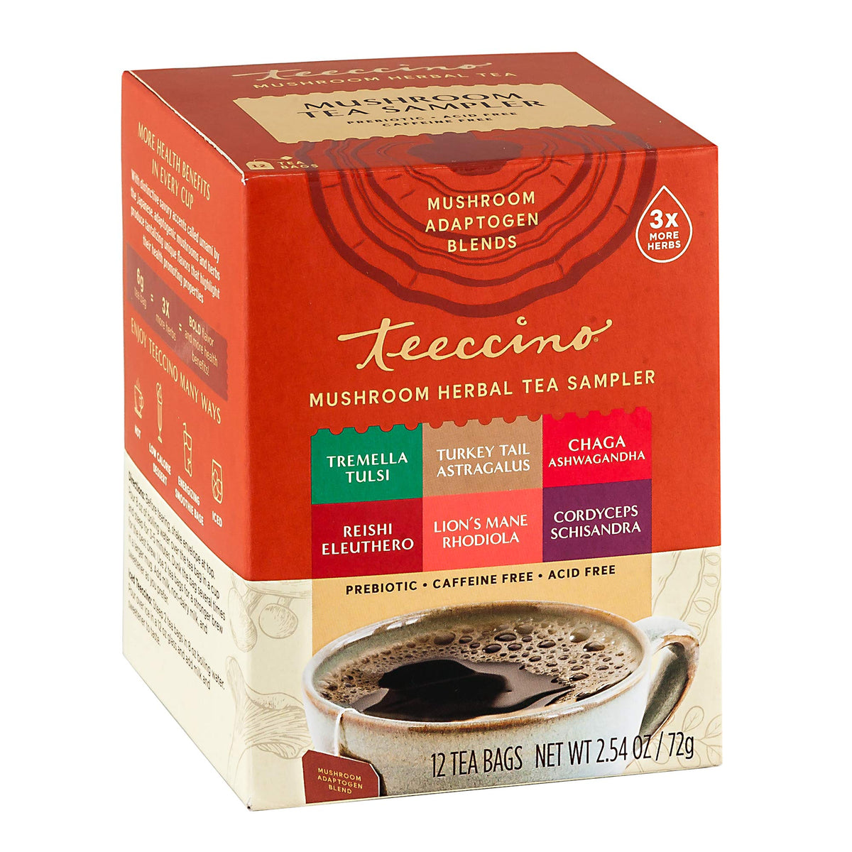 Teeccino mushroom tea sampler packshot features six blends for daily resilience.