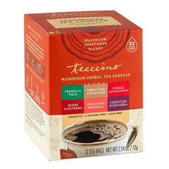 Teeccino mushroom tea sampler packshot features six blends for daily resilience.