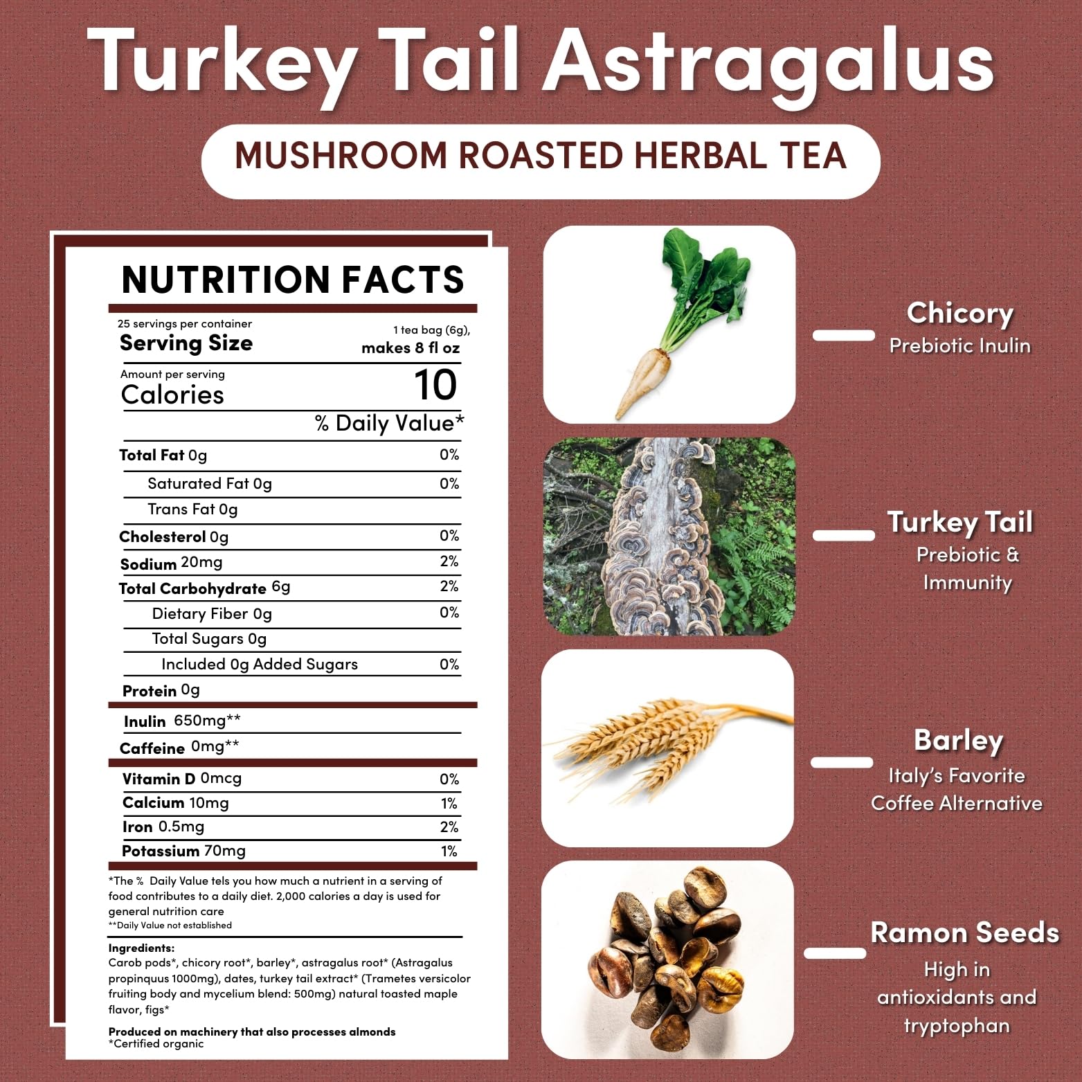 Teeccino mushroom tea featuring turkey tail extract for a balanced cup