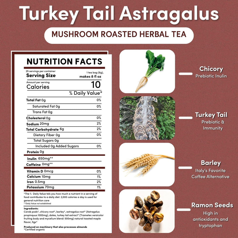 Teeccino mushroom tea featuring turkey tail extract for a balanced cup