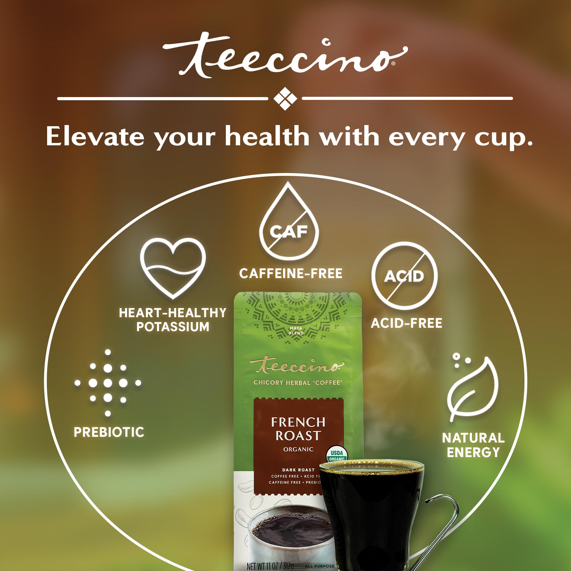 Teeccino organic herbs blend, non-GMO and free from artificial flavors.