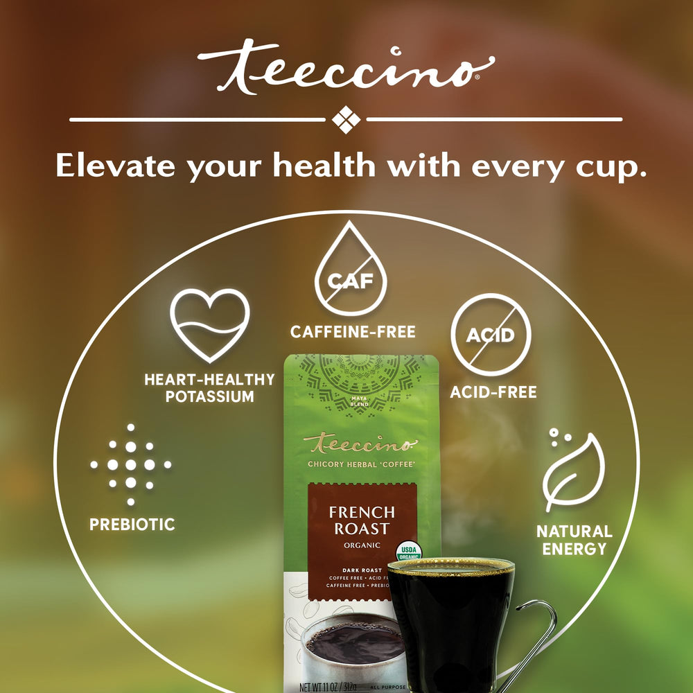 Teeccino organic herbs blend, non-GMO and free from artificial flavors.