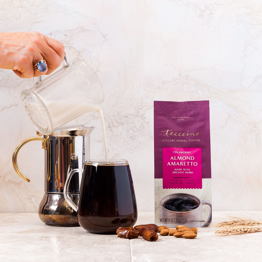 Teeccino organic non-GMO herbal blend with natural sweetness.