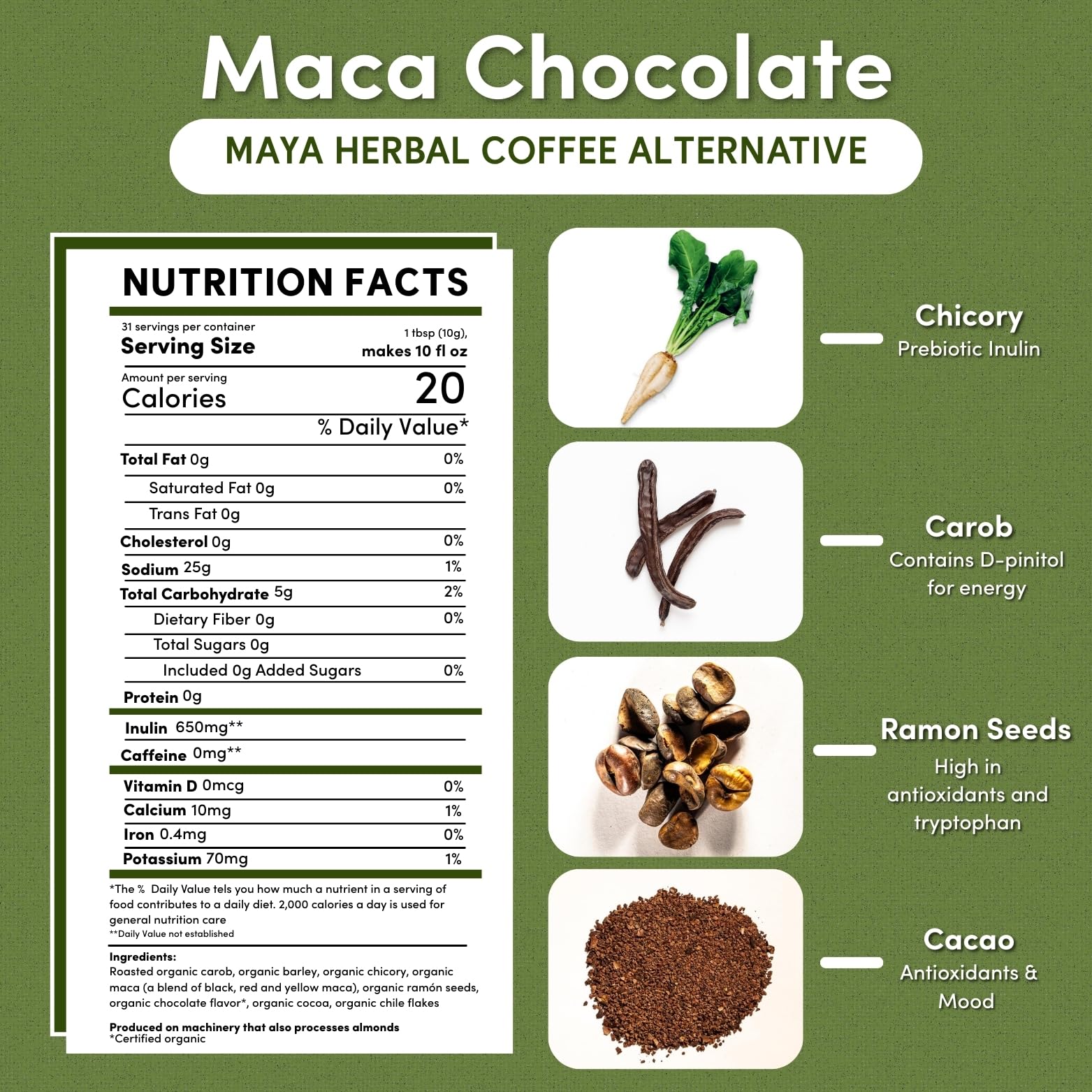 Teeccino ramon cacao flavor image highlights roasted notes and chocolatey finish.