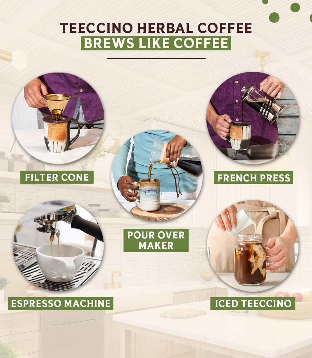 Teeccino blend with ramón seeds, carob, and chicory for depth and aroma.